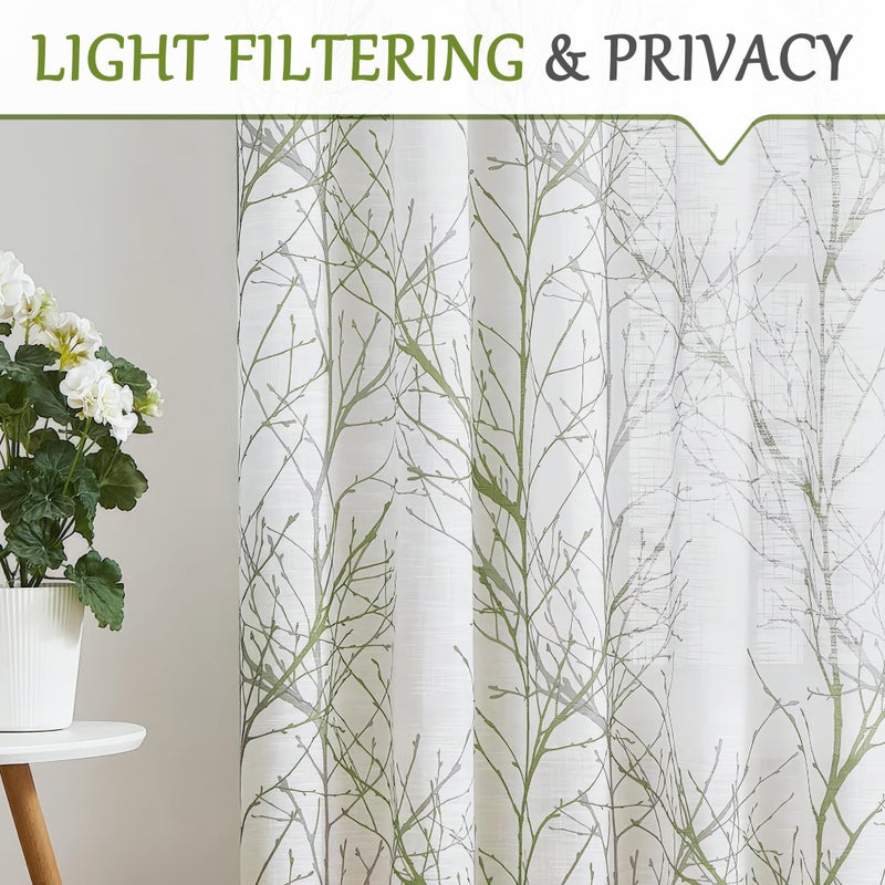 FMFUNCTEX Linen Semi Sheer Curtains for Bedroom, Sage Green White Curtains 72 Inches Long for Living Room, Grey Tree Branch PPrint Curtain Light Filtering Farmhouse Window Drapes, Grommet Top 2 Panels - Image 3